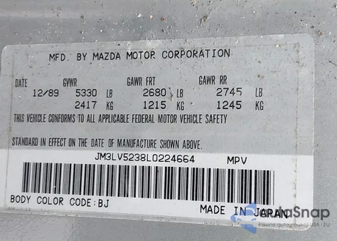 1990 Mazda Mpv Wagon from USA, damaged, VIN JM3LV5238L0224664